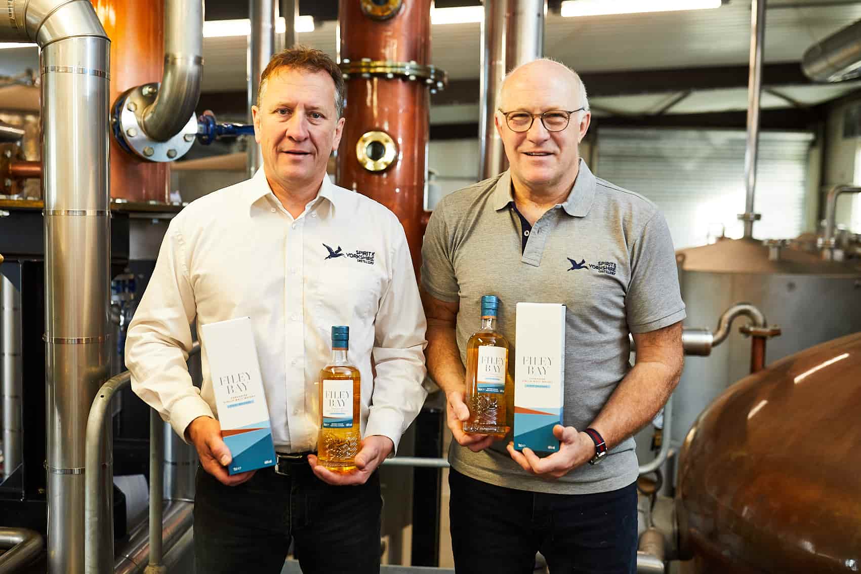 Spirit of Yorkshire Co-Founders David Thompson and Tom Mellor with Filey Bay First Release - Out of the Archive - Celebrating Ten Years of Yorkshire Single Malt