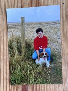 Gill Mellor on the farm (mid 90s) with her dog Jesse 