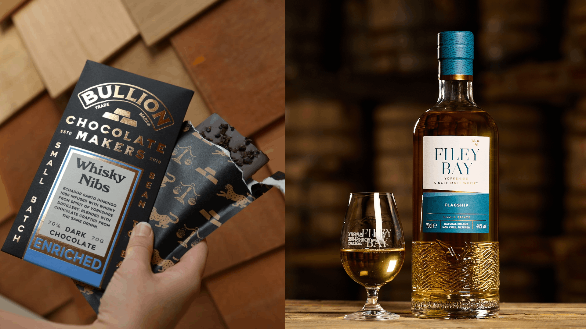 Father's Day 2026 - Flagship Collection - Fiey Bay Nosing Glass - Bullion Whisky Nibs Dark Chocolate.