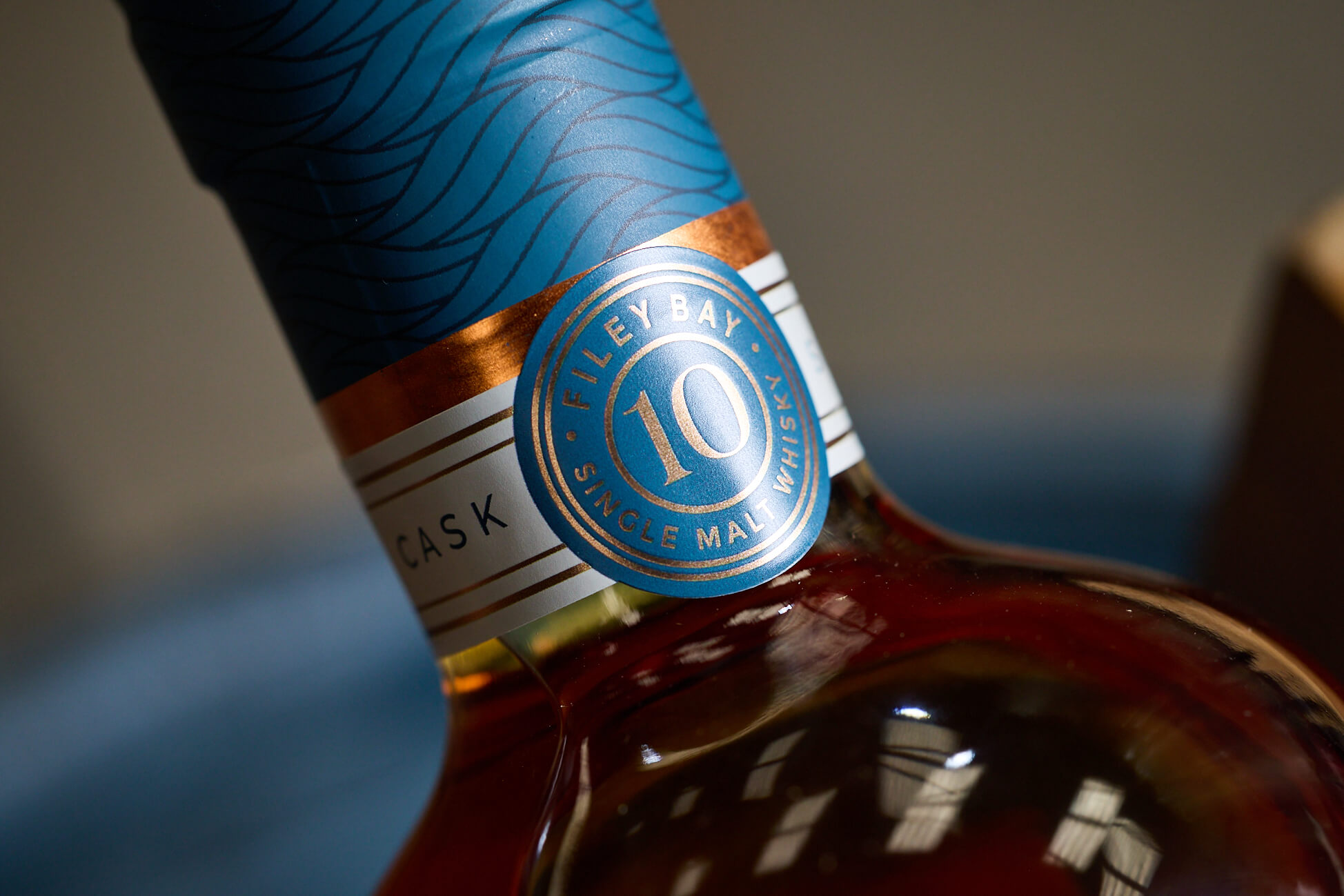Close up of the 10 neck label of the Filey Bay First 10 Year Old